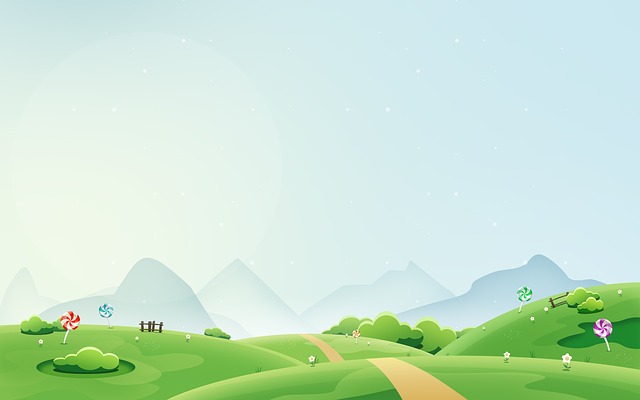 ilustracja przedtawiająca widok na łąkę i góry