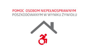 Logo programu pomoc osobom poszkodowanym w wyniku żywiołu - osoba na wózku skryta pod dachem