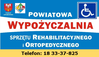 Logo wypożyczalni - na niebieskim tle napis Powiatowa Wypożyczalnia Sprzetu Rehabilitacyjnego i ortopedycznego