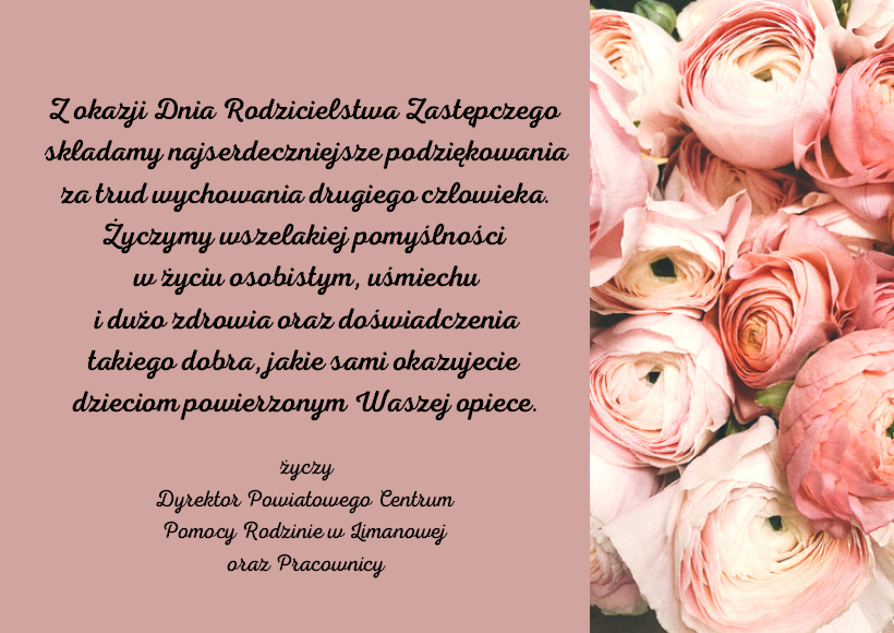 Życzenia z okazj iDnia Rodzicielstwa Zastępczego na różowym tle z akcentem kwiatowym z boku