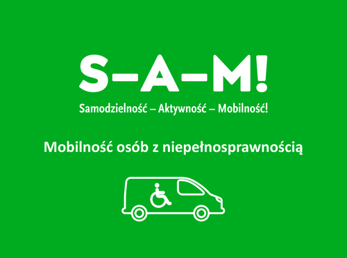 Logo programu Samodzielność-Aktywność-Mobilność!. Napis biały i grafika samochodu na zielonym tle.