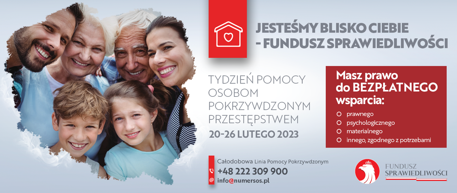 Plakat promujący Tydzień Pomocy Osobom Pokrzywdzonym Przestępstwem kilka osób których głowy ułożone są w kształt Polski