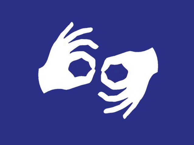 Na ciemnoniebieskim tle rysunek dłoni - informacja o urzędzie w języku migowym