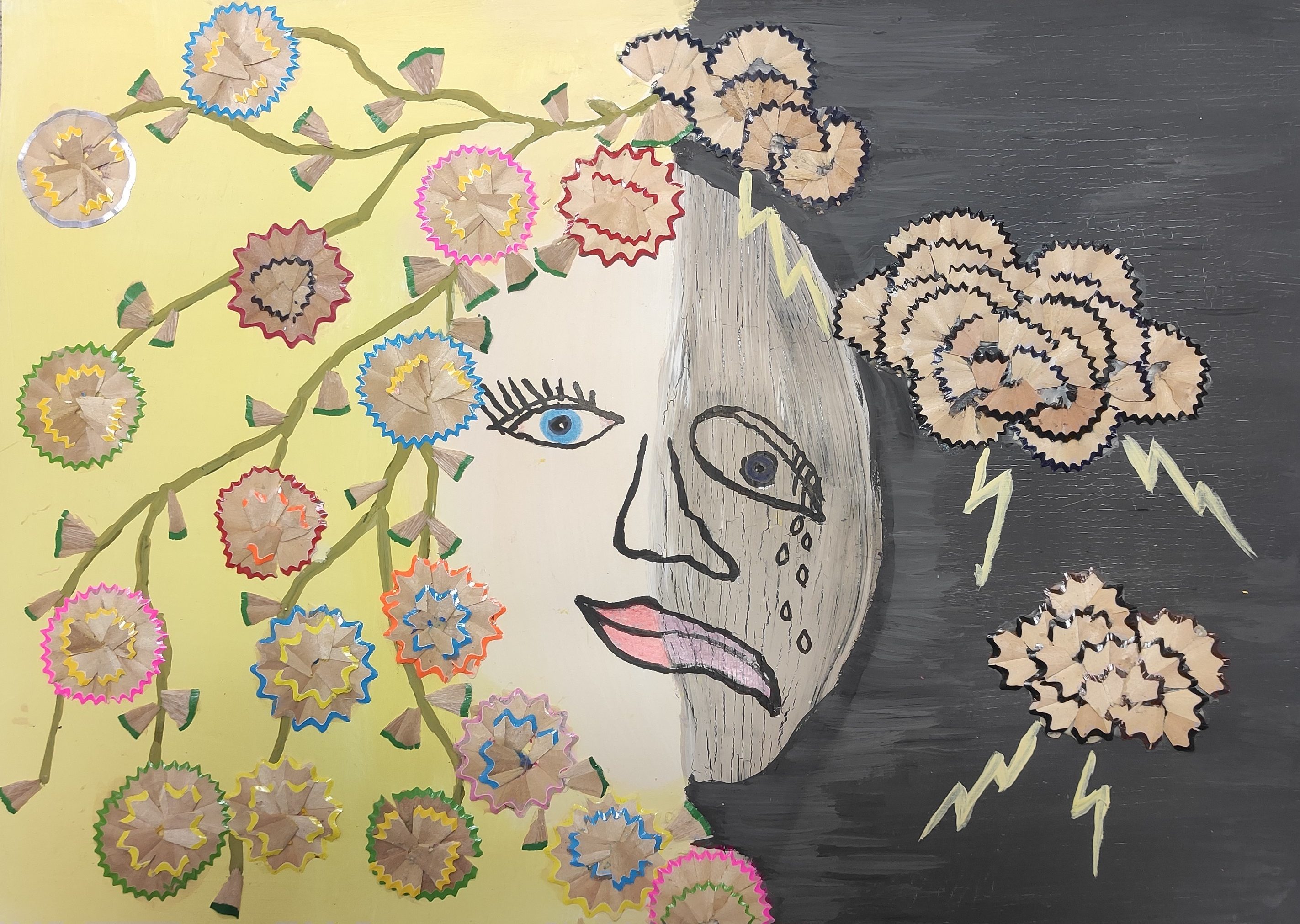 plakat przedstawia twarz podzieloną na dwie części radosną z kwiatami i żółtym tłem i drugą smutną z piorunami i czarnym tłem