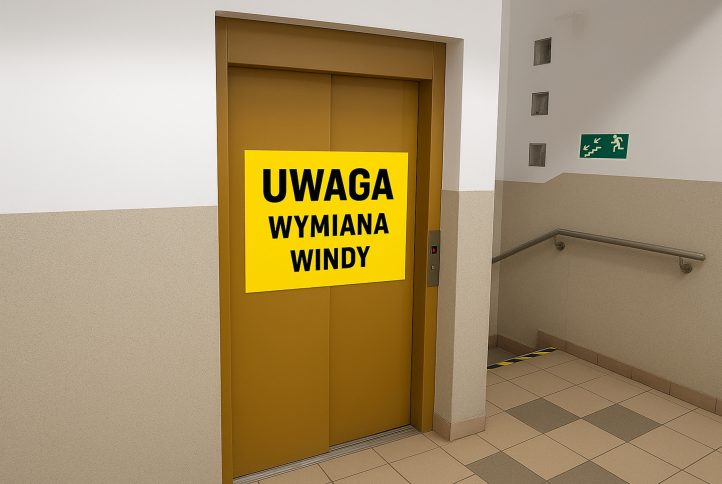 Zdjęcie windy na klatce schodowej z napisem Uwaga wymiana windy