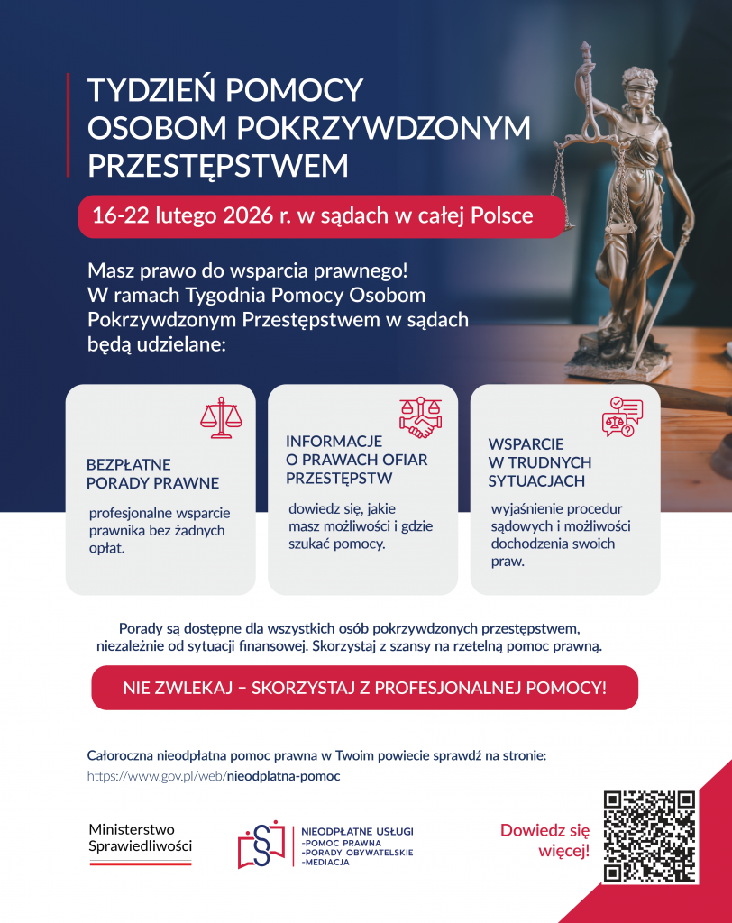 jest to plakat, ulotka reklamująca tydzień, na granatowym tle, rozpisane zadania tygodnia, informacja o możliwości otrzymania bezpłatnych porad w sądach