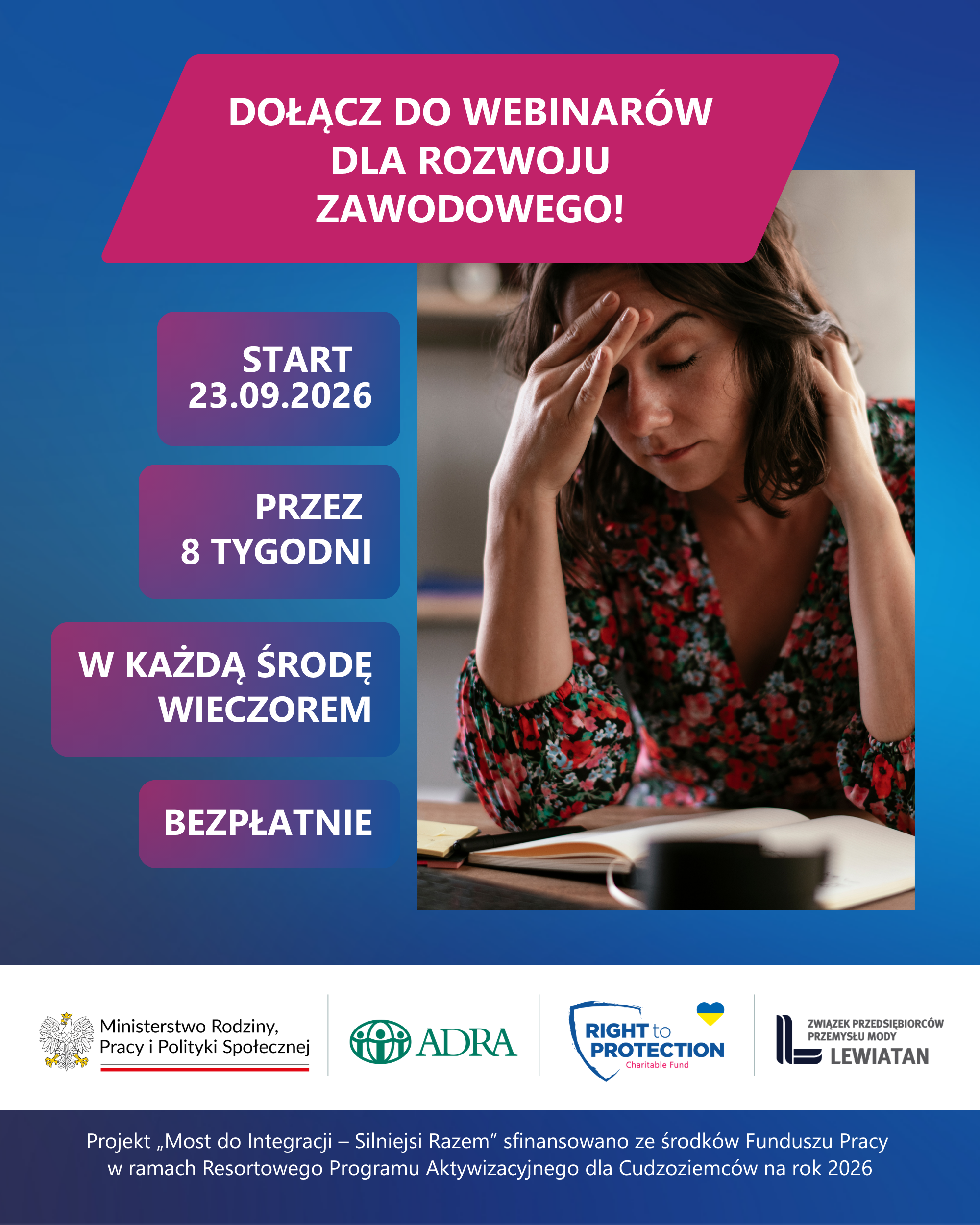 Plakat projektu, kobieta siedząca opiera ręką głowę