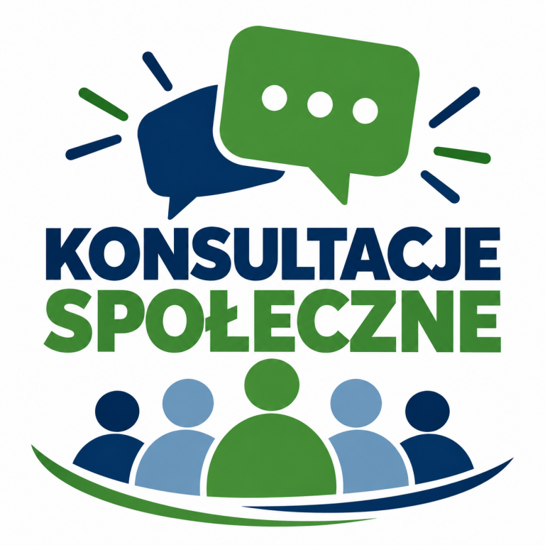 Grafika informacyjna z dużym napisem „Konsultacje społeczne” w kolorach granatowym i zielonym. Nad napisem znajdują się dwa nachodzące na siebie dymki symbolizujące rozmowę i wymianę opinii. Pod napisem widnieje pięć stylizowanych sylwetek ludzi w kolorach zielonym, granatowym i błękitnym, symbolizujących wspólnotę, dialog i udział mieszkańców w podejmowaniu decyzji. Całość na białym tle.